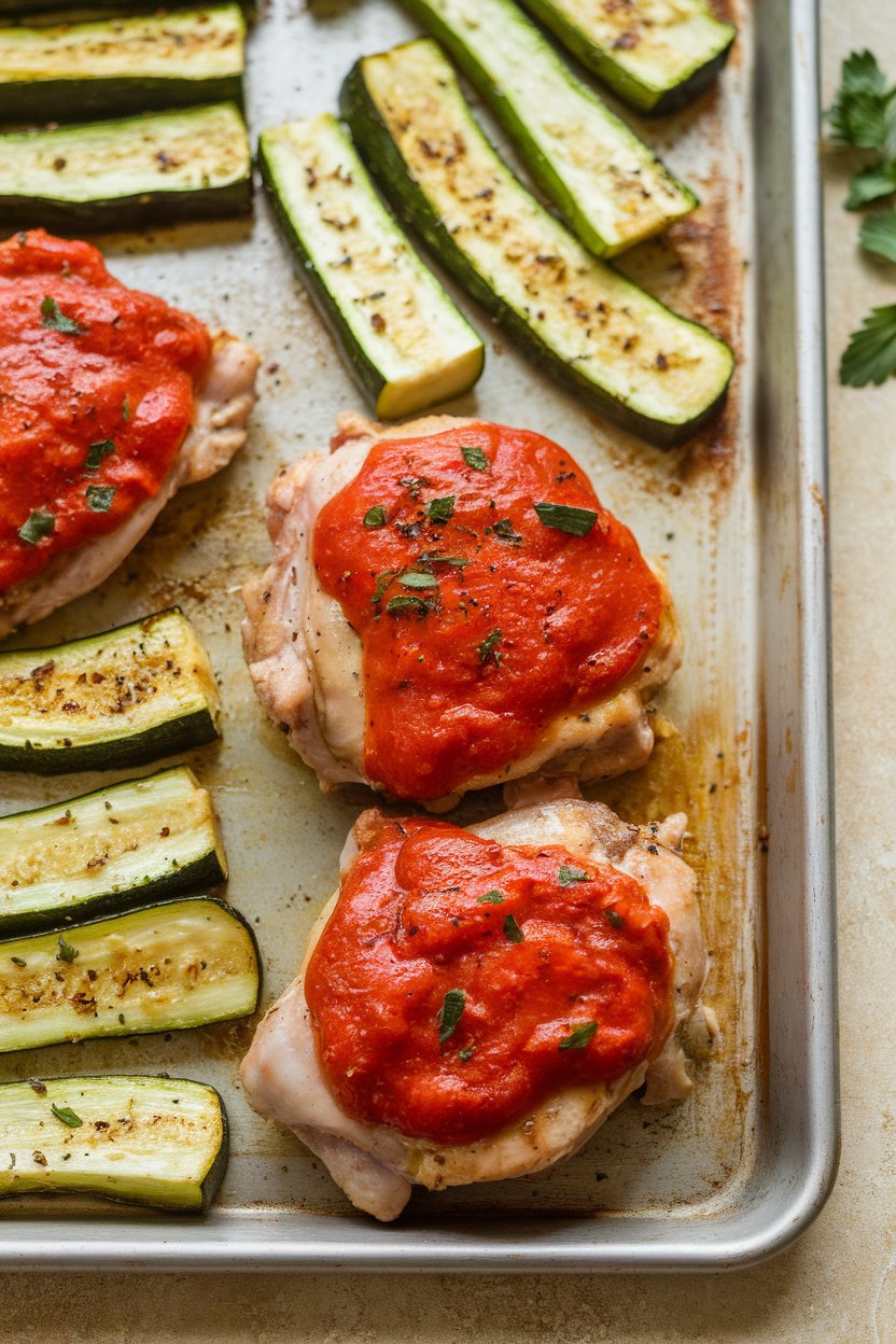 Indoor photo of chicken thighs coated with roasted red-pepper puree, zucchini spears roasted golden on the sheet pan. No text or logos.