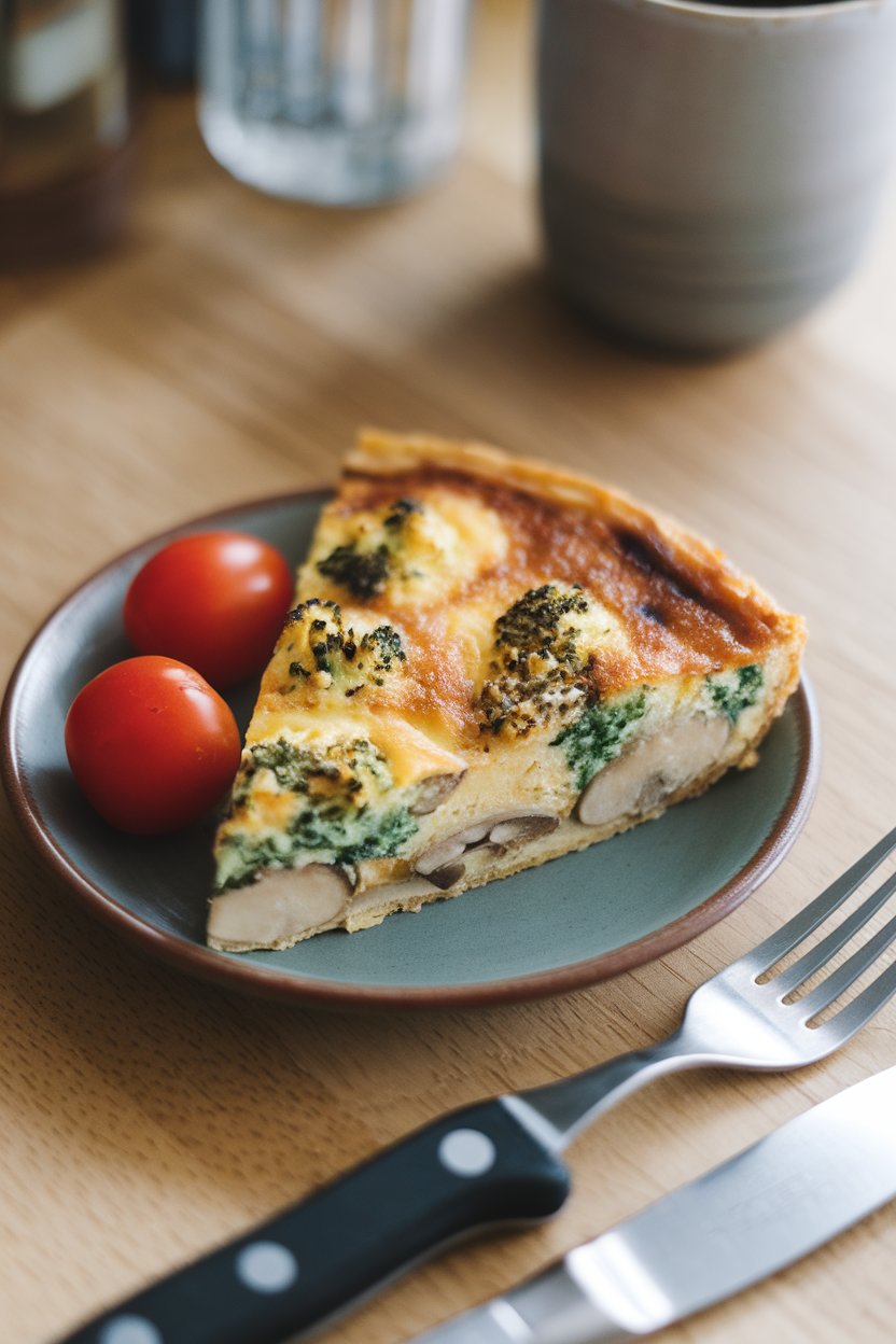 An indoor breakfast table displaying a slice of browned frittata with visible broccoli florets and mushroom slices, served on a small plate next to cherry tomatoes. No text or logos. Photo only.