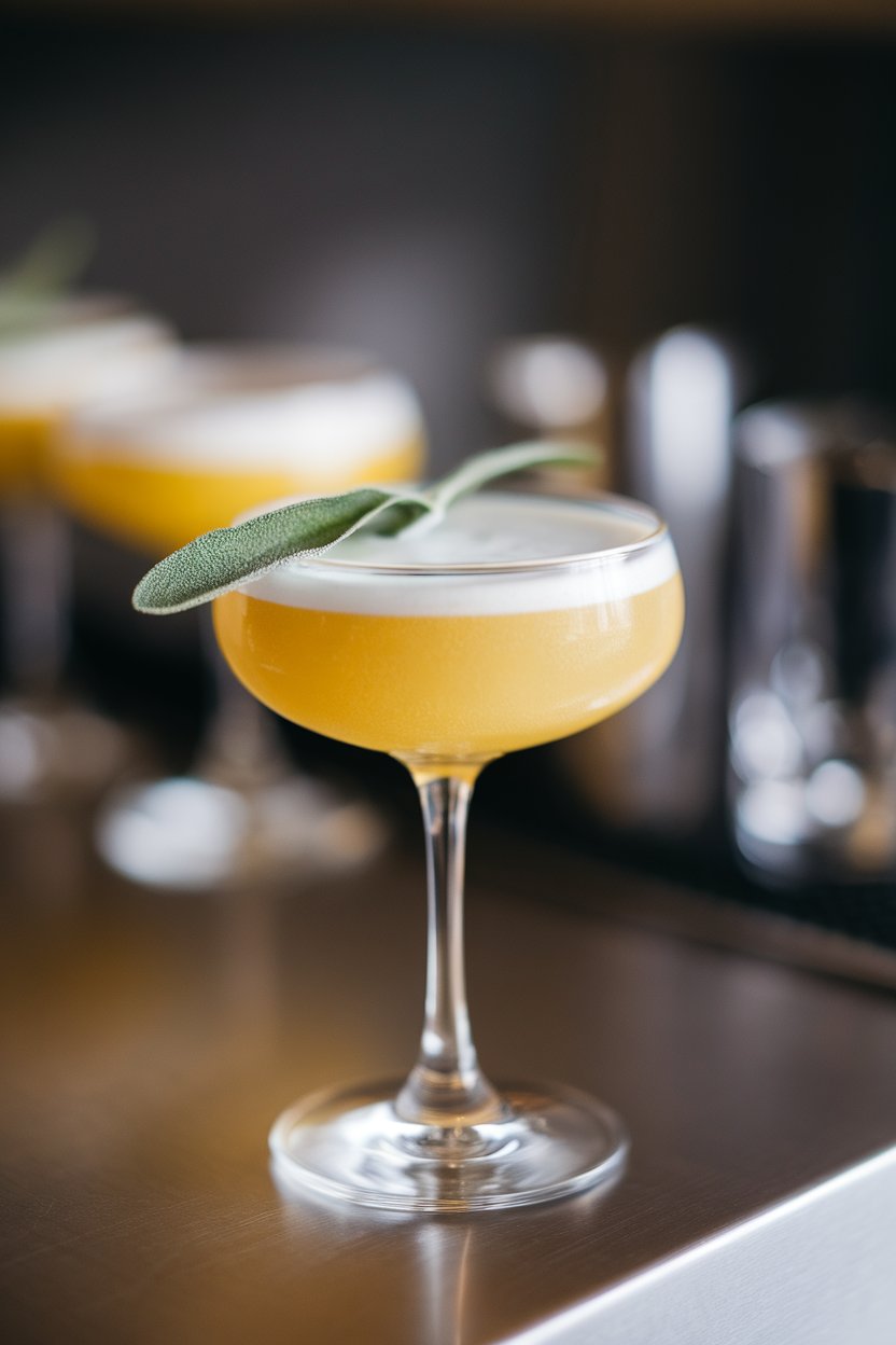 Photo of a coupe indoors showing sunny yellow sour cocktail, fresh sage leaf resting on foam, minimalist bar top, no text or logos