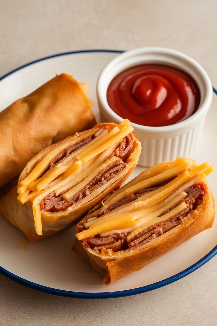 Indoor photo of halved cheesesteak egg rolls with melted provolone strands, served with a small ramekin of ketchup. No branding or text visible.