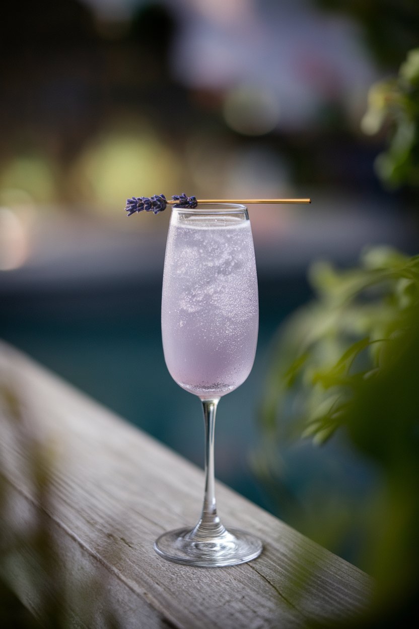 Photo of a flute indoors containing pale violet sparkling cocktail, tiny lavender bud garnish, dreamy low-light ambiance, no text or logos