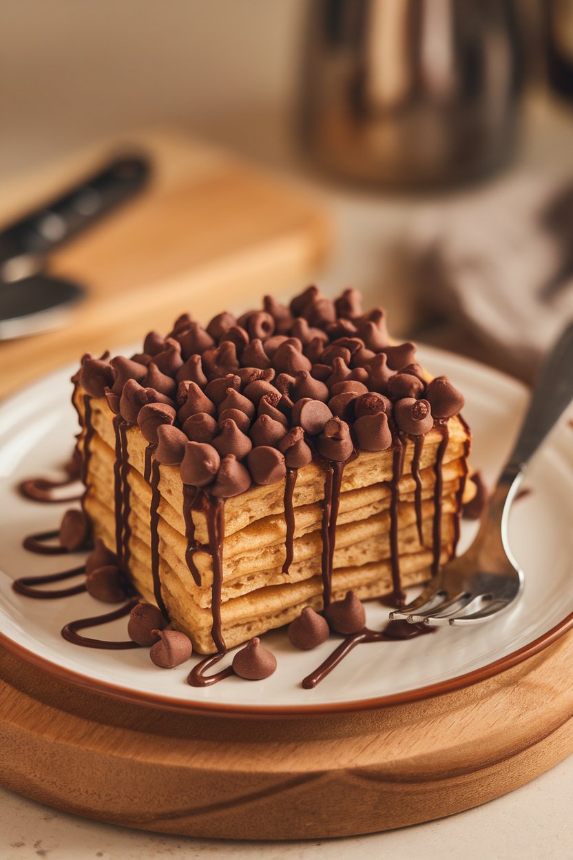 Indoor scene featuring a square of pancake dotted generously with melted chocolate chips, chocolate streaks visible on a white plate, warm light, no text or logos.