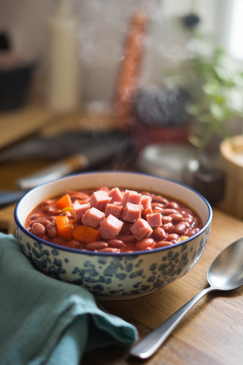 A cozy indoor bowl of red beans studded with diced low-fat turkey ham and vegetables, steam visible; no text or logos; photo only.