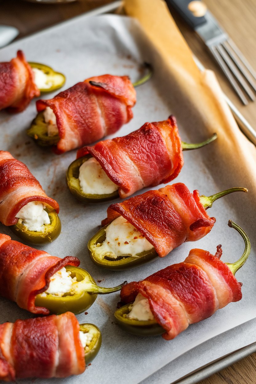 Indoor photo of bacon-wrapped jalapeño poppers on a parchment-lined tray, cheese oozing slightly; no text or logos.