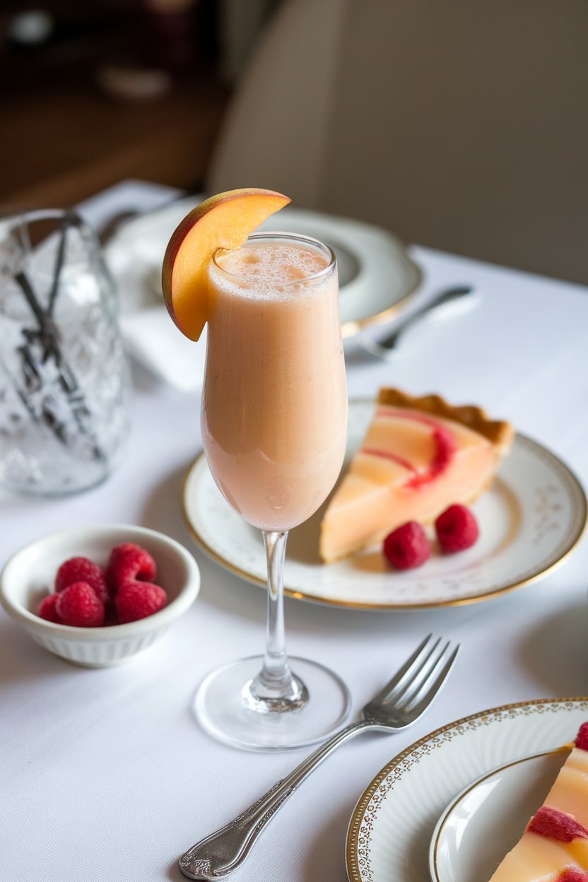 Indoor brunch table with a flute of pale peach puree topped by clear bubbles, thin peach slice garnish. No text or logos.