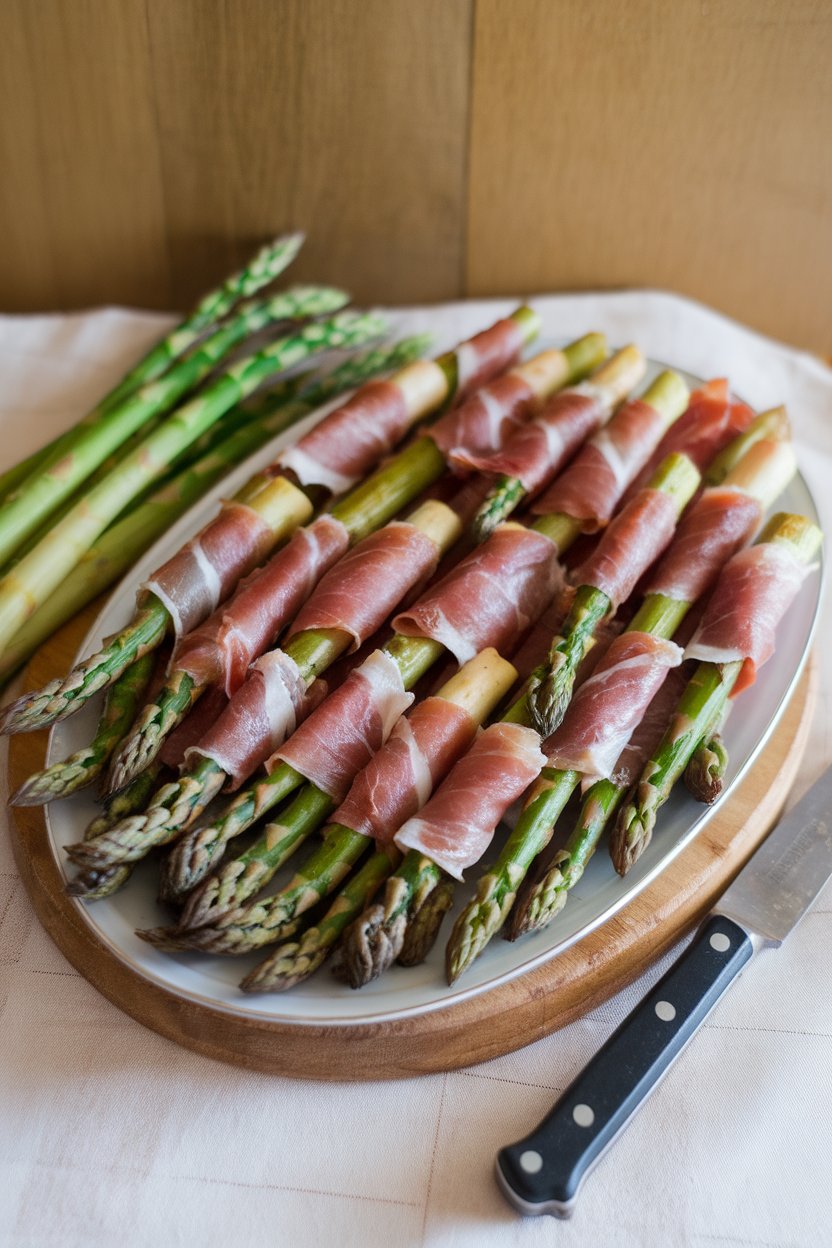 Indoor platter with bite-size asparagus tips wrapped in thin prosciutto, baked until lightly crisp. Photo, no text or logos.