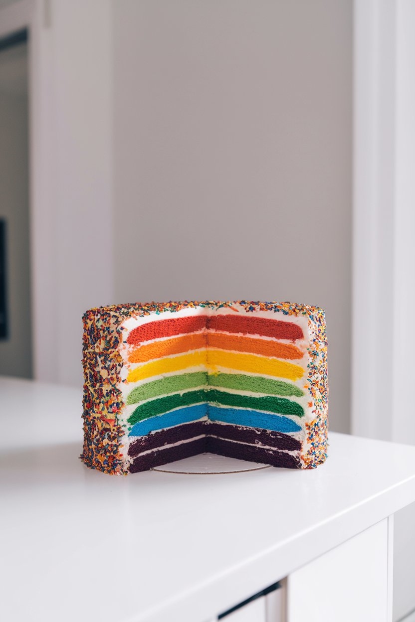 A bright indoor counter featuring a sliced rainbow layer cake, each band dyed a different team color, outer frosting plain white for contrast—no text or logos.