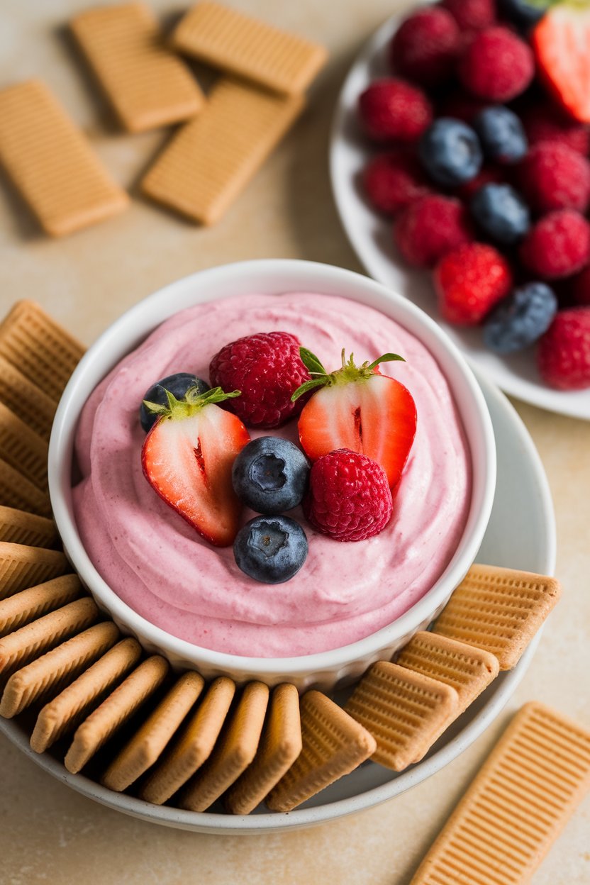 Indoor photo of pink strawberry cheesecake dip topped with fresh berry slices, served with vanilla wafers, no text or logos.