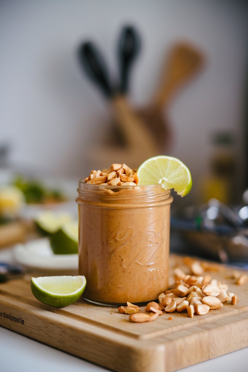Indoor cutting board with a glass jar of thick Thai peanut sauce garnished with chopped peanuts and lime wedge. No branding or text.