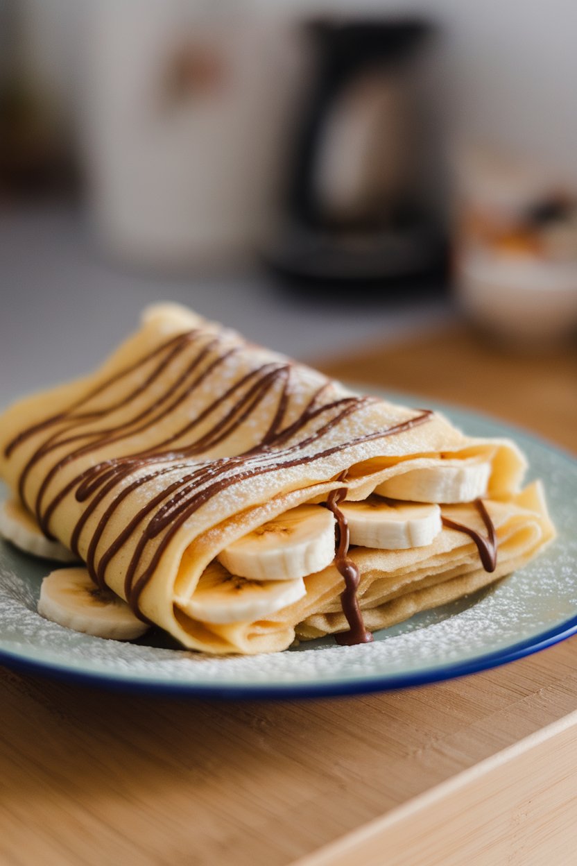 Photo of folded crêpes drizzled with Nutella and filled with banana slices on an indoor plate, light dusting of powdered sugar. No text or logos.