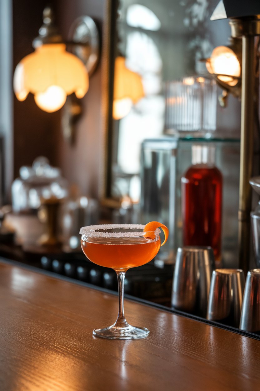 Indoor antique bar setting with a sugar-rimmed coupe of amber Sidecar, orange twist garnish, no brand logos. Photo only.