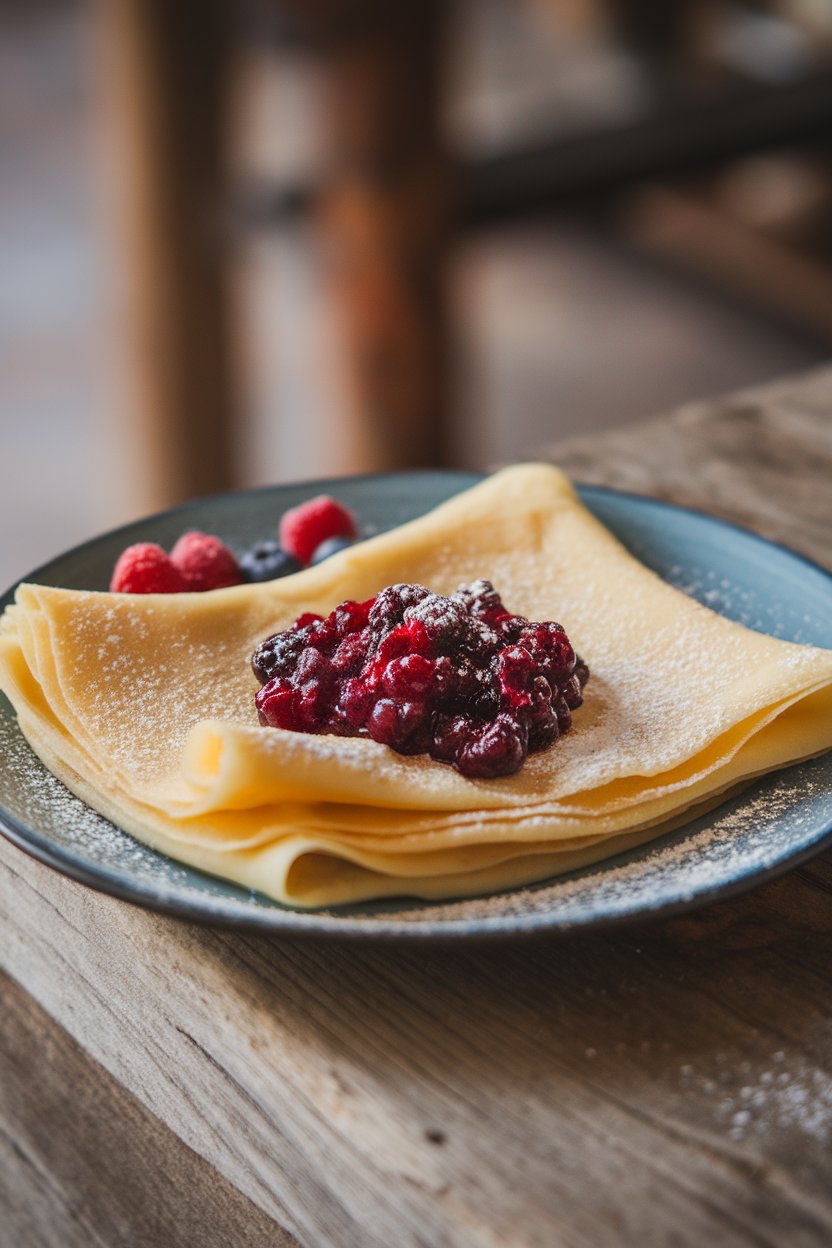 Indoor breakfast plate showing folded thin crepes dusted with powdered sweetener and topped with warm berry sauce. No text or logos; photo only.