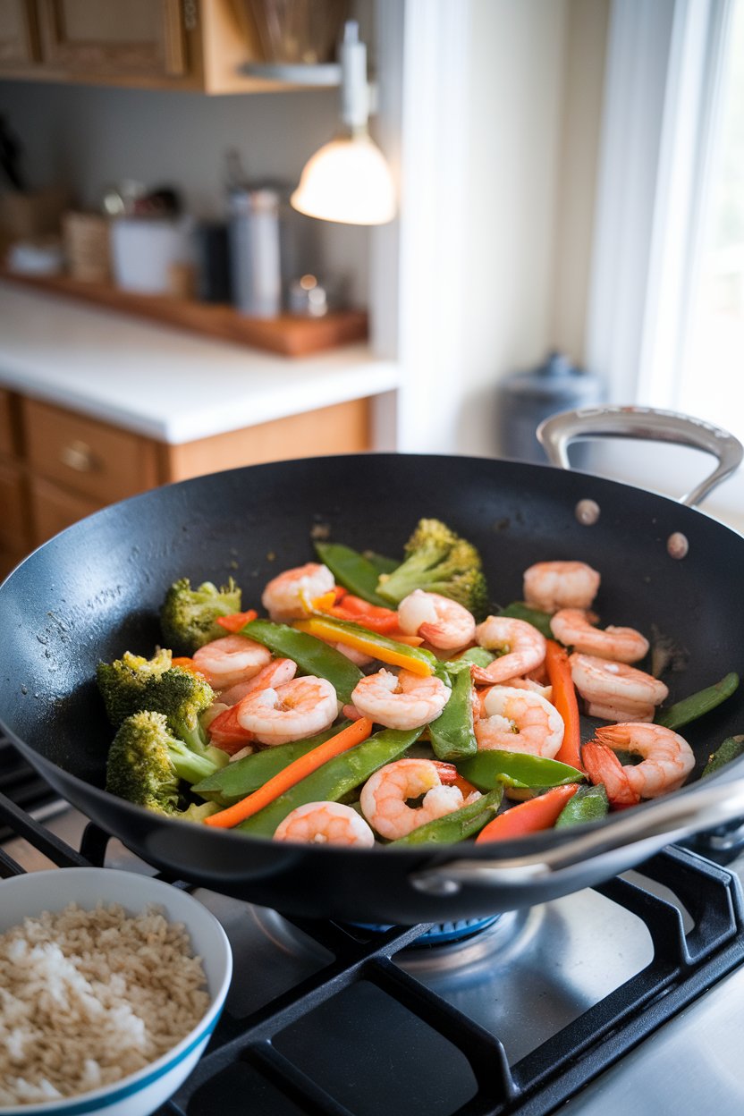 An indoor stovetop scene showing a wok of cooked shrimp, broccoli florets, snap peas, and bell pepper strips tossed in a light soy-ginger sauce. Steamed brown rice sits nearby in a small bowl. No logos or text visible.