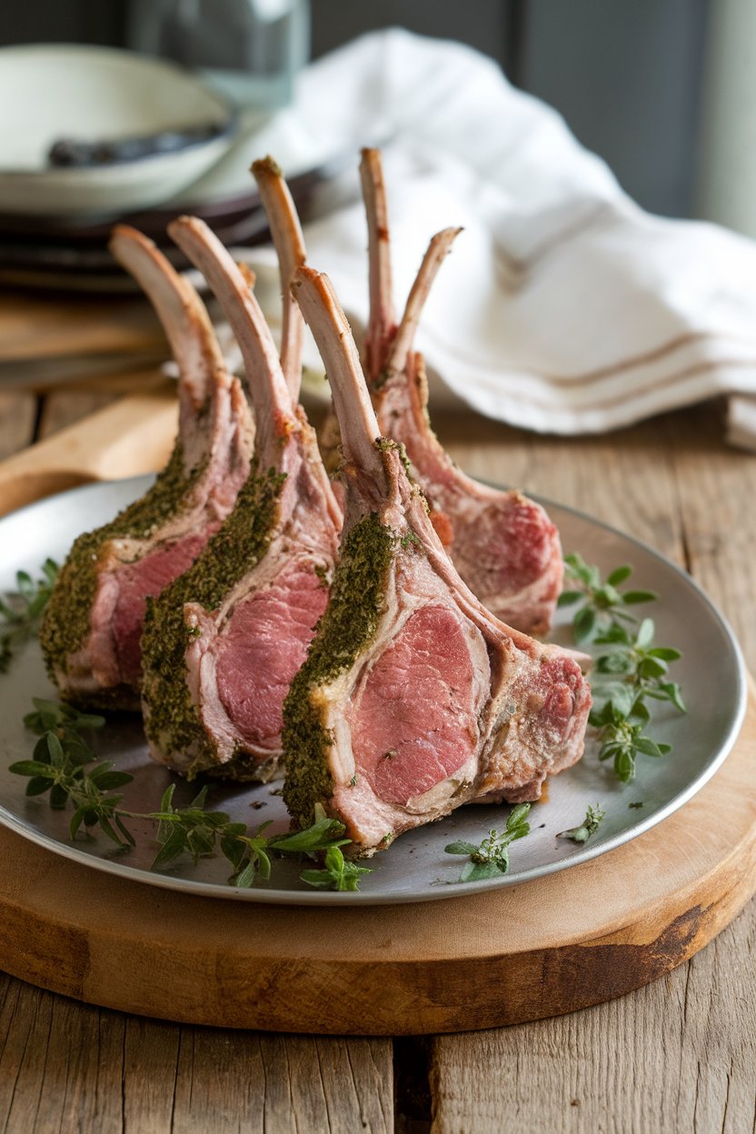Indoor photo of individual lamb chops standing upright on a platter, herb crust visible, no text or logos