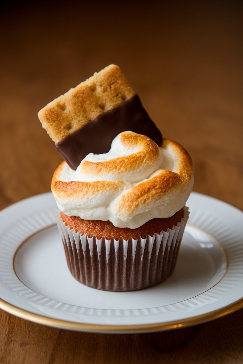 Indoor photo of cupcakes topped with toasted marshmallow frosting and a mini chocolate-dipped graham cookie, no text or logos