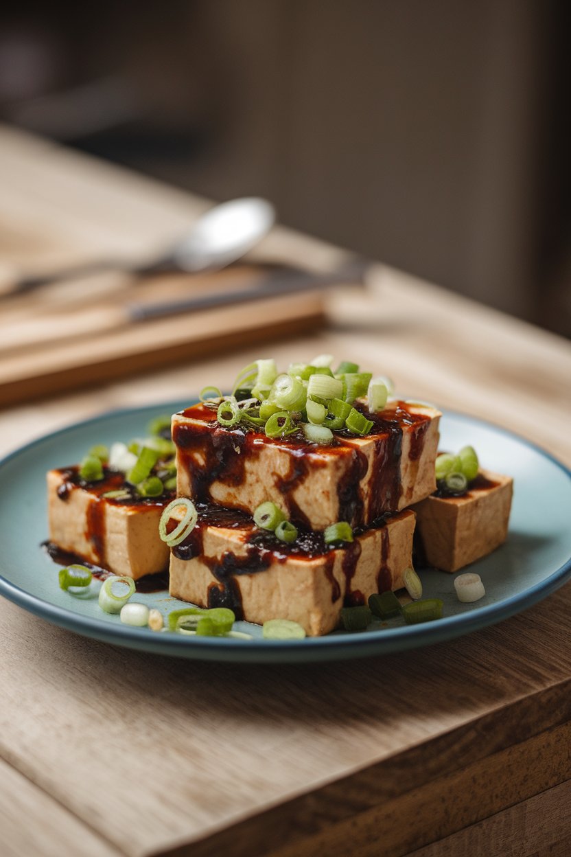 Photo prompt: Indoor plate showing tofu rectangles coated in dark hoisin glaze, five-spice flecks visible, green onions sprinkled on top. No text or logos.