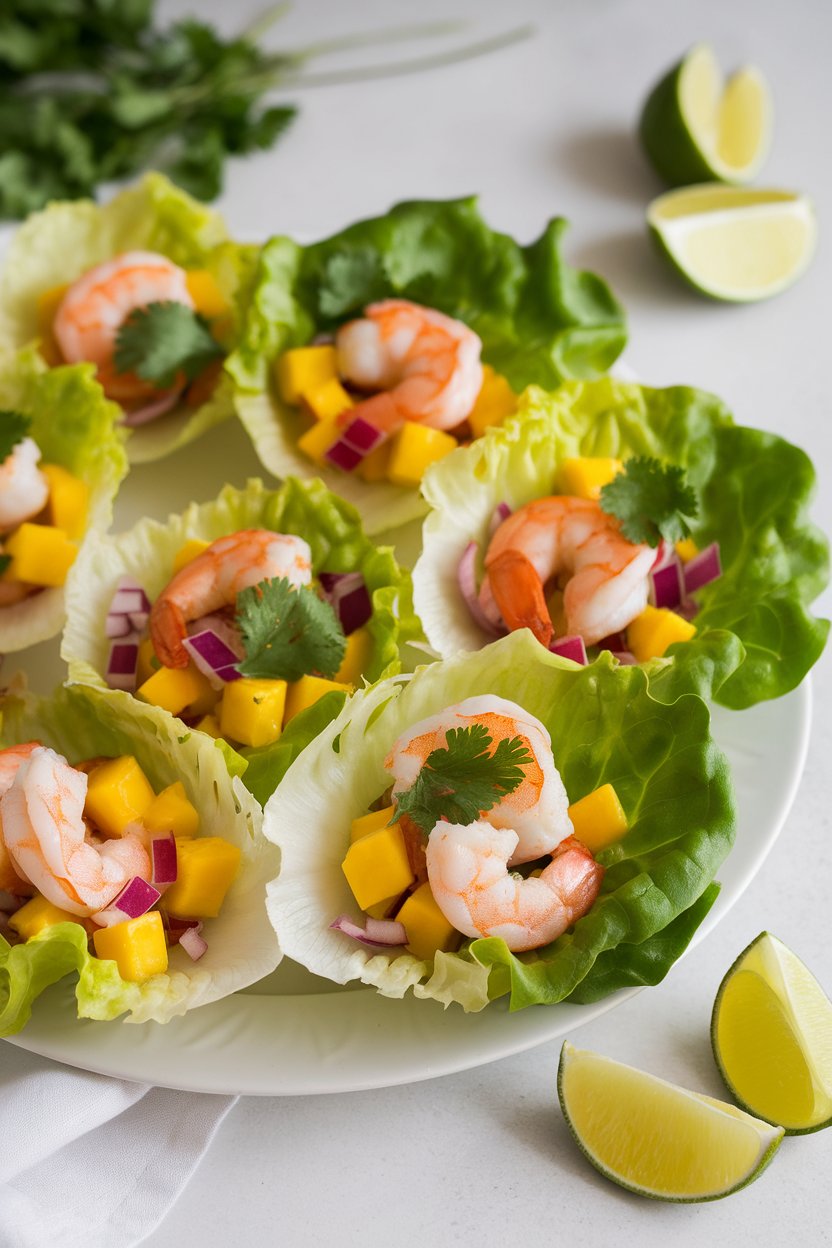 Indoor photo of butter lettuce cups filled with cooked shrimp, diced mango, red onion, and cilantro, lime wedges on the side. No text or logos.