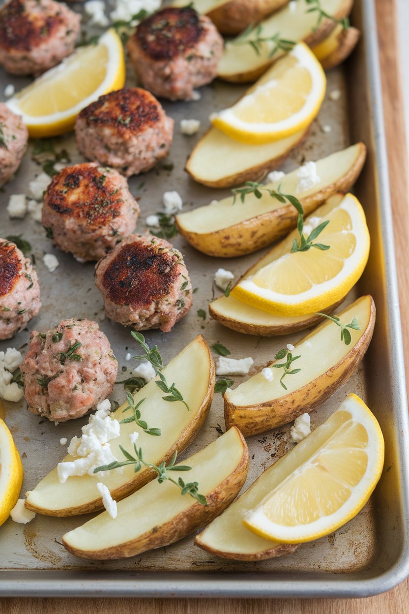 Indoor photo of roasted lemon-oregano potato wedges and small turkey meatballs on a sheet pan, feta crumbles added after baking. No text or logos anywhere.