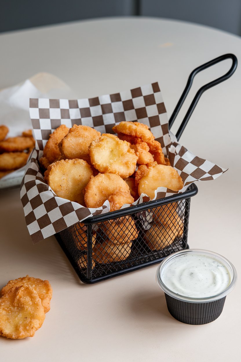 An indoor basket lined with checkered paper filled with crisp fried pickle rounds, ranch dipping cup nearby, no visible text or logos.