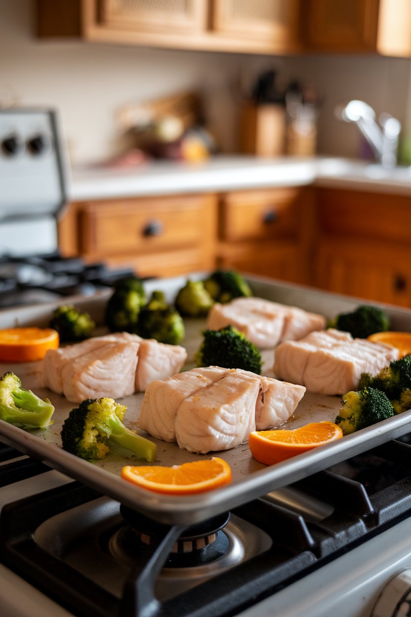 Indoor photo of a sheet pan holding cooked cod fillets surrounded by broccoli and orange slices on a stove. No text or logos.
