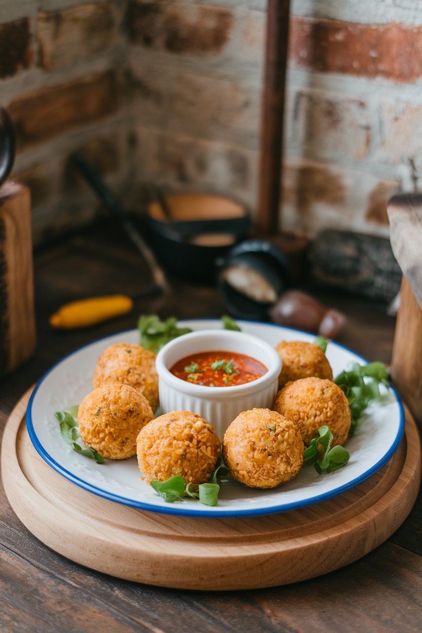 An indoor appetizer plate with round, golden boudin balls served with spicy dipping sauce. No text or logos. Photo.