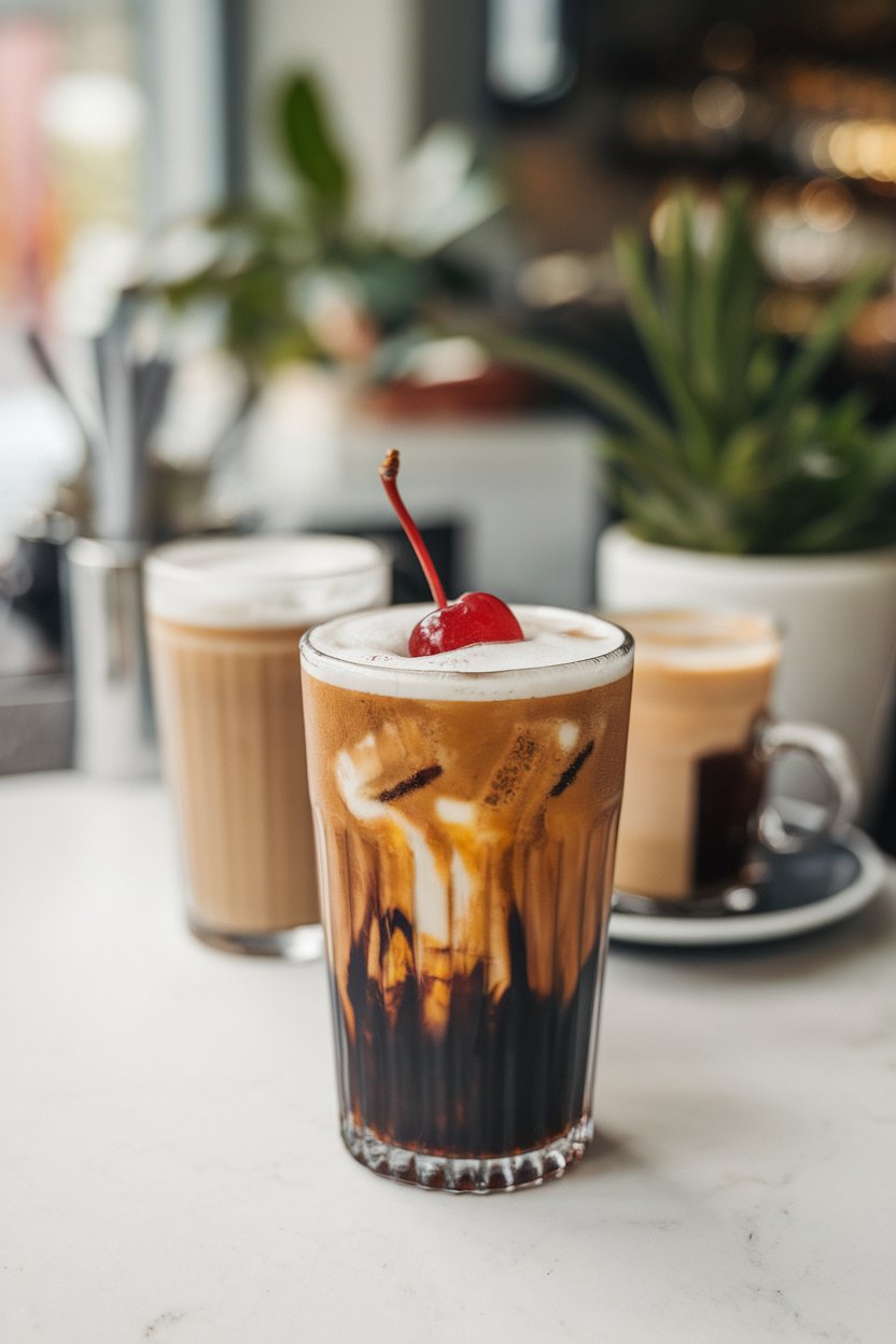An indoor café bar with tall glass of iced espresso-cola blend, cherry on top of foam; photo, not illustration; no text or logos.