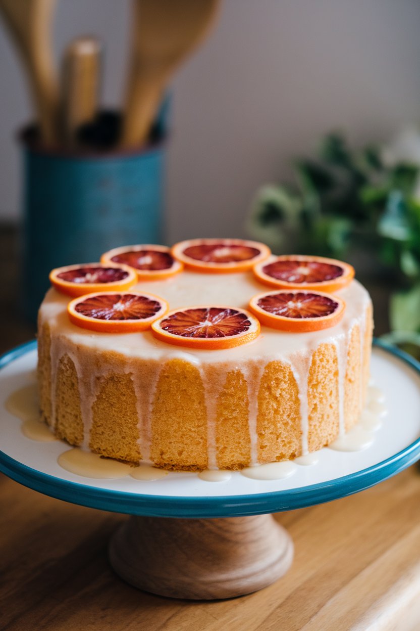 An indoor cake stand featuring a single-layer citrus cake topped with thin blood orange slices and a light glaze. Photo, no text or logos.