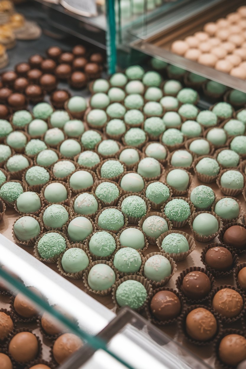 An indoor chocolate shop vignette featuring small mint-green dusted truffles in paper cups, slight shine on the ganache coating. No text or logos.
