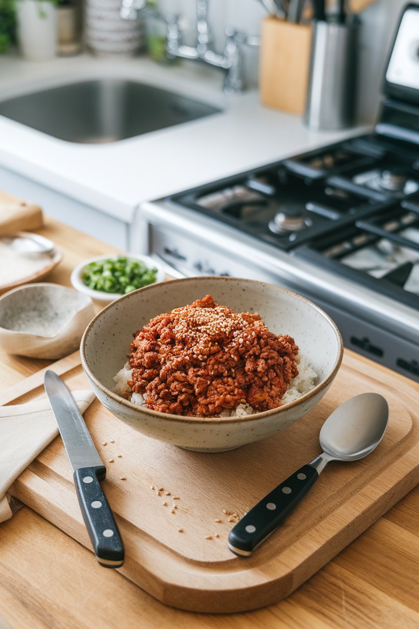 Indoor kitchen island with a bowl of ground beef in gochujang sauce, served over rice and topped with sesame seeds. No text or logos.