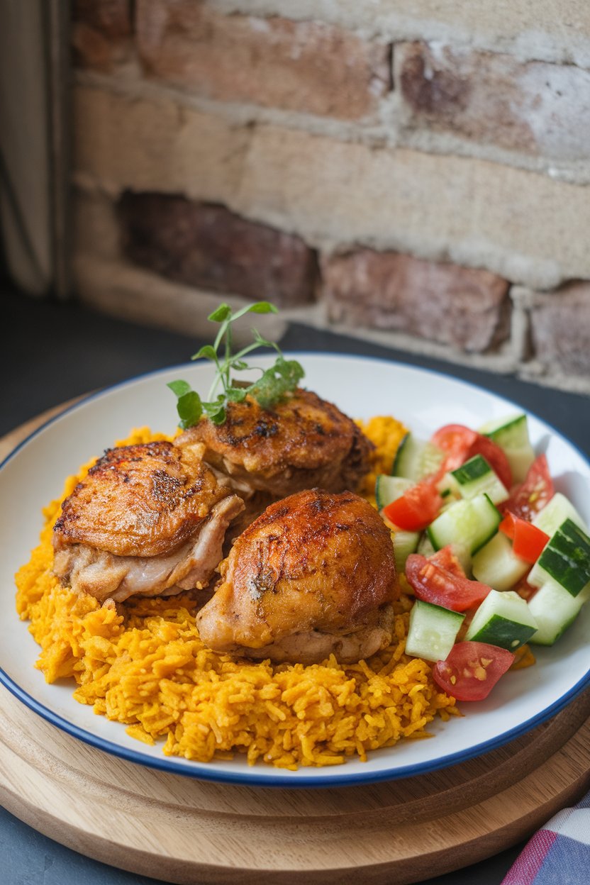 Indoor photo of spiced chicken thighs over turmeric rice with cucumber-tomato salad on the side, no logos.