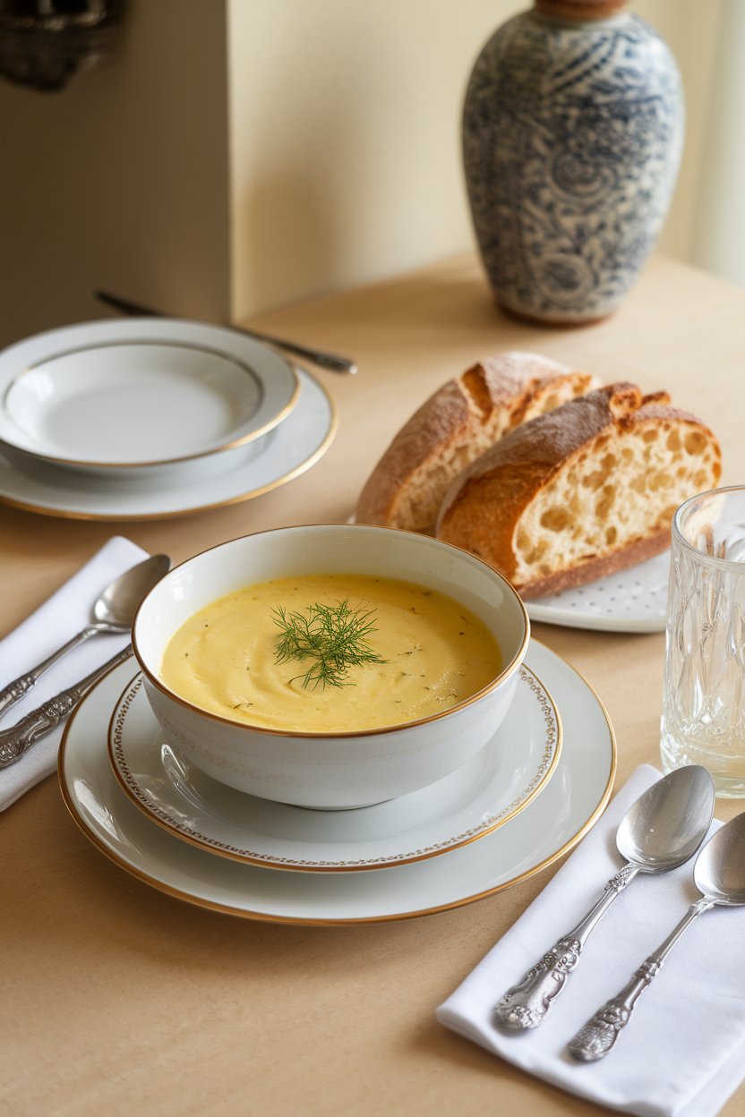 Indoor dining table with a bowl of creamy yellow avgolemono soup garnished with dill. No text or logos.