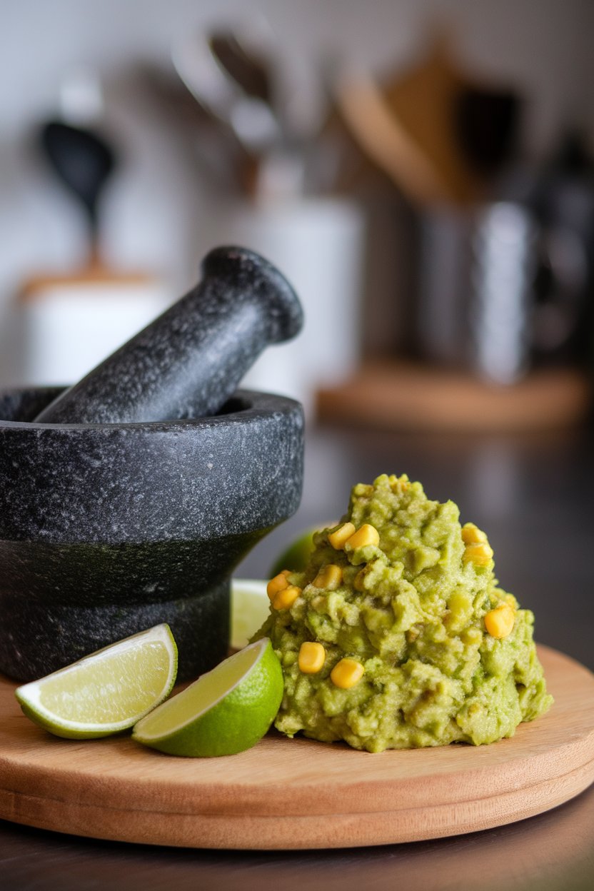 An indoor counter with a stone molcajete holding chunky guacamole studded with yellow corn kernels, lime wedges on the side. No text or logos.