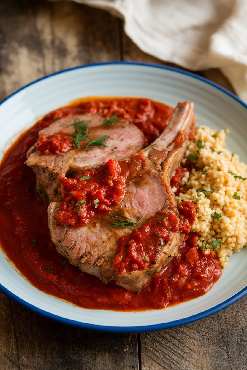 Indoor shot of pork chops in deep red harissa-tomato sauce, couscous aside, no text or logos.