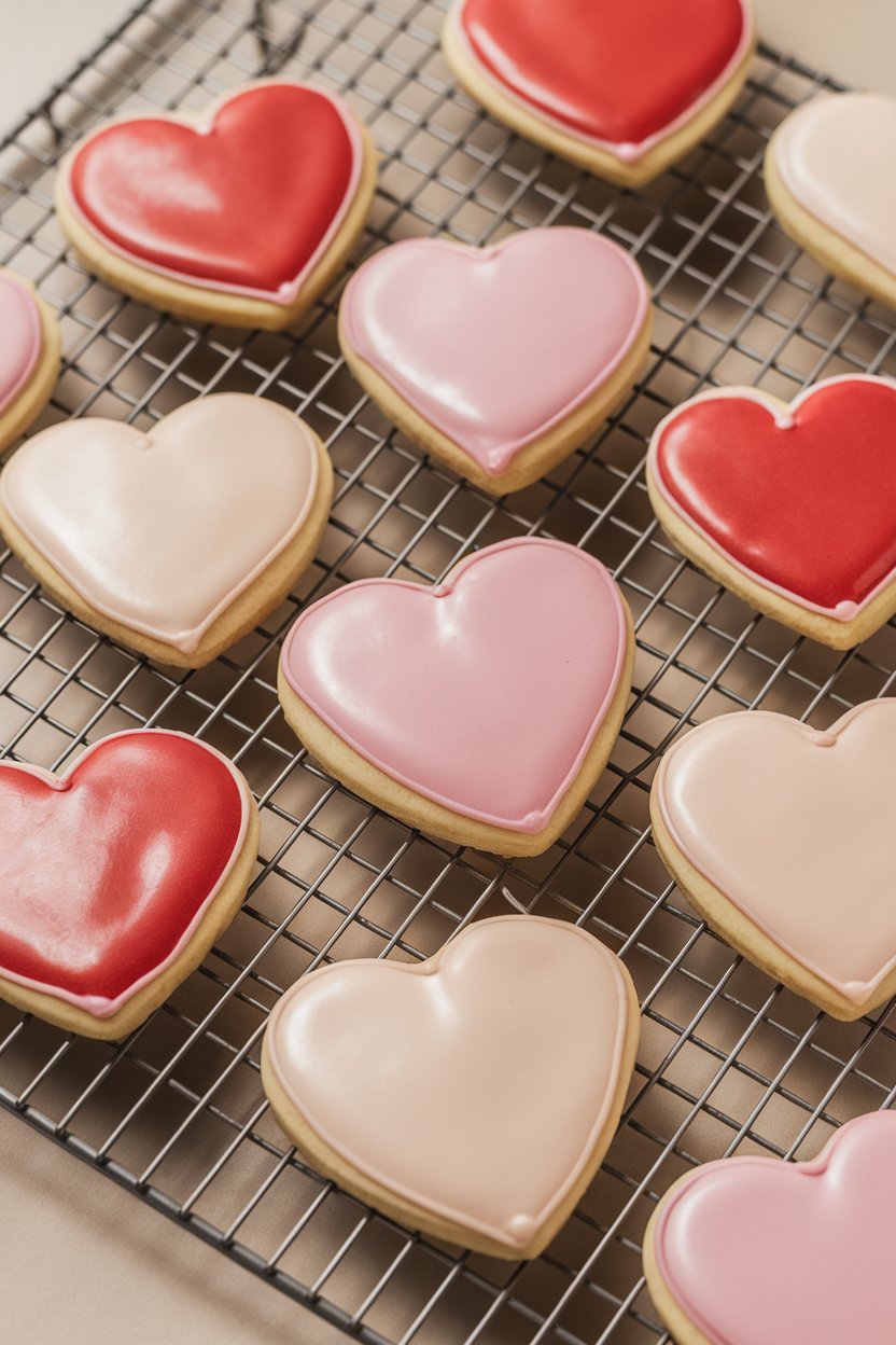 Photo of iced heart sugar cookies in pastel pinks and reds on an indoor cooling rack, glossy royal icing finish. No text or logos present.