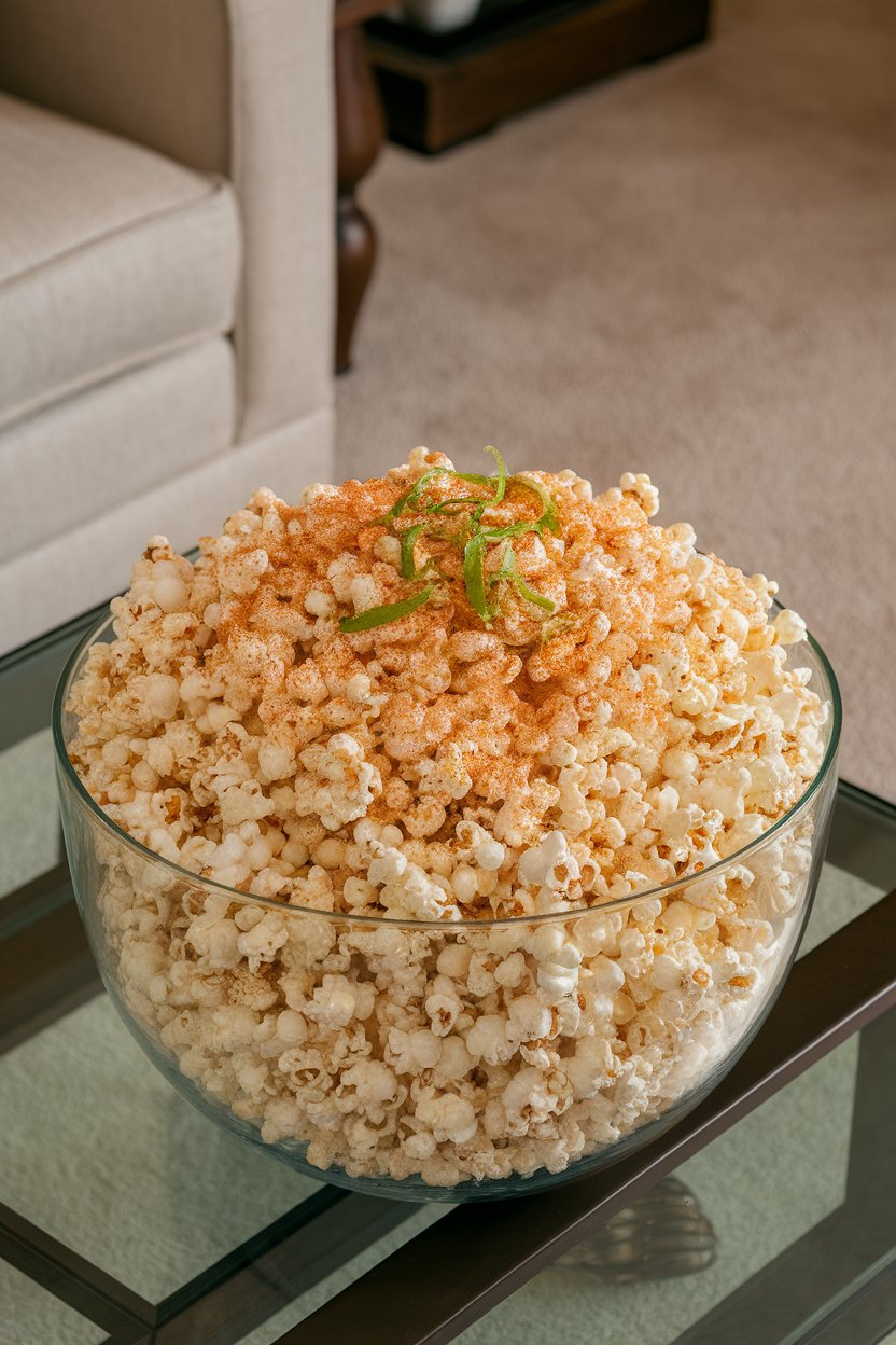 Indoor photo of a large bowl of popcorn coated with reddish seasoning flecks and lime zest, placed on a coffee table. No text or logos present.