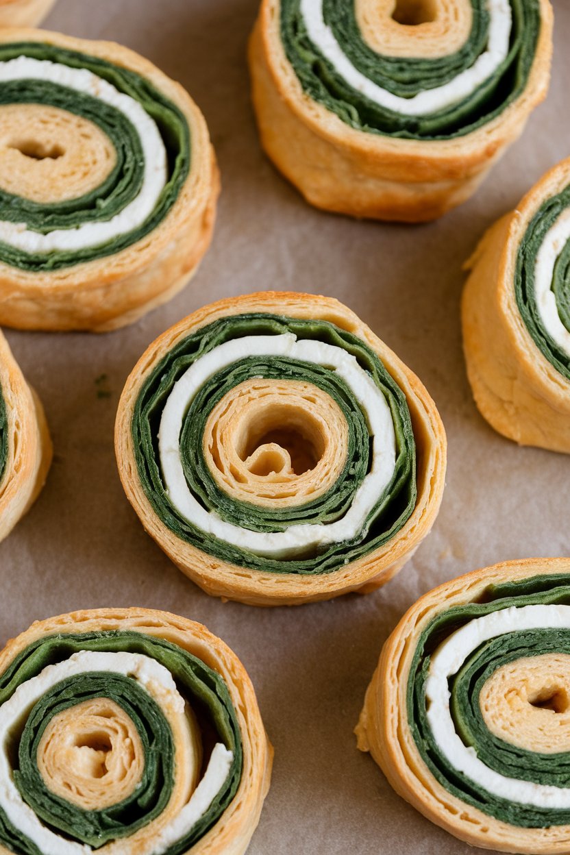 Indoor photo of spiraled puff pastry pinwheels showing green spinach and white feta layers, resting on parchment. No text or logos.