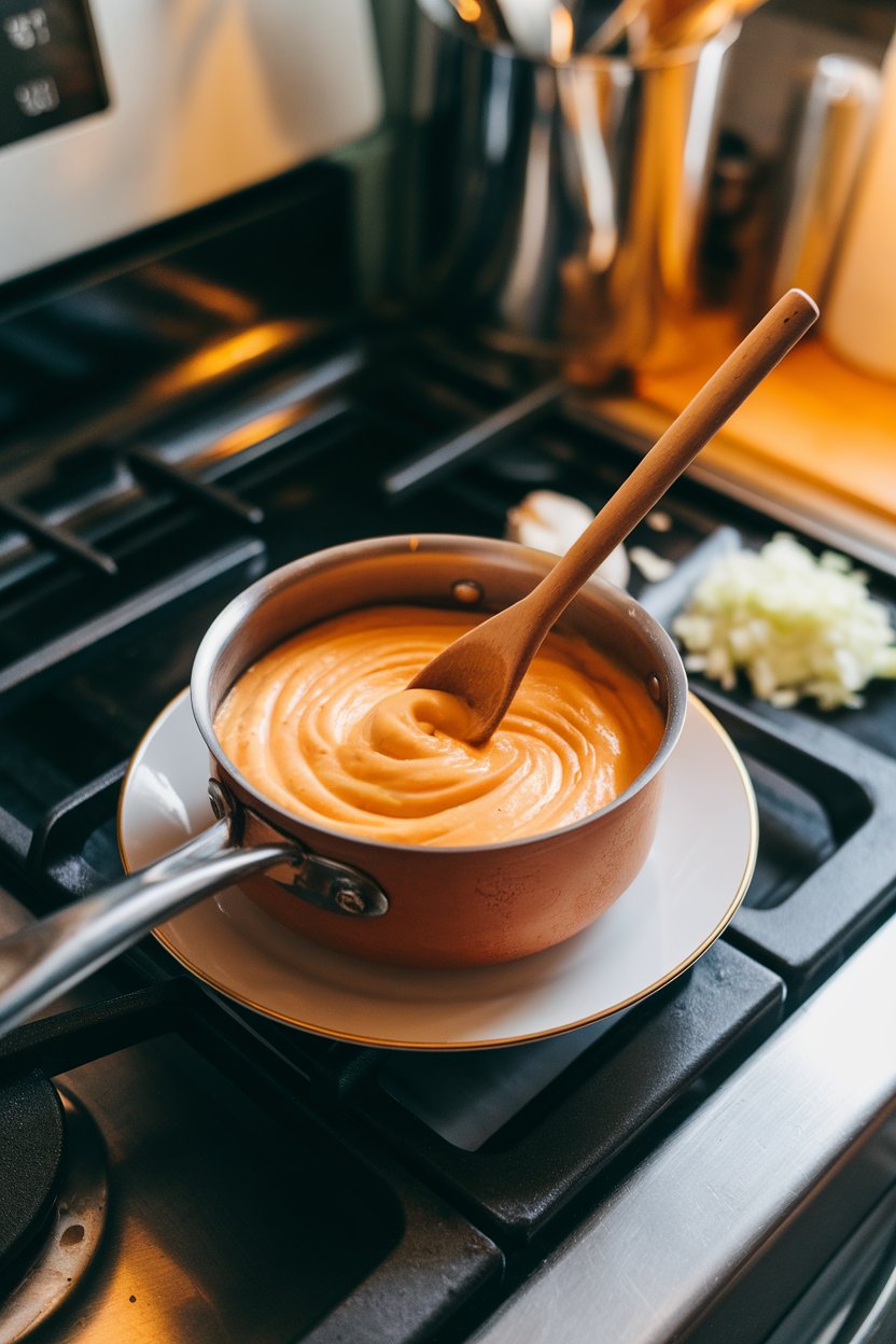 A photo of a small saucepan on an indoor stovetop, filled with velvety beer cheese dip swirling around a wooden spoon. No labels on cookware, warm light from above.