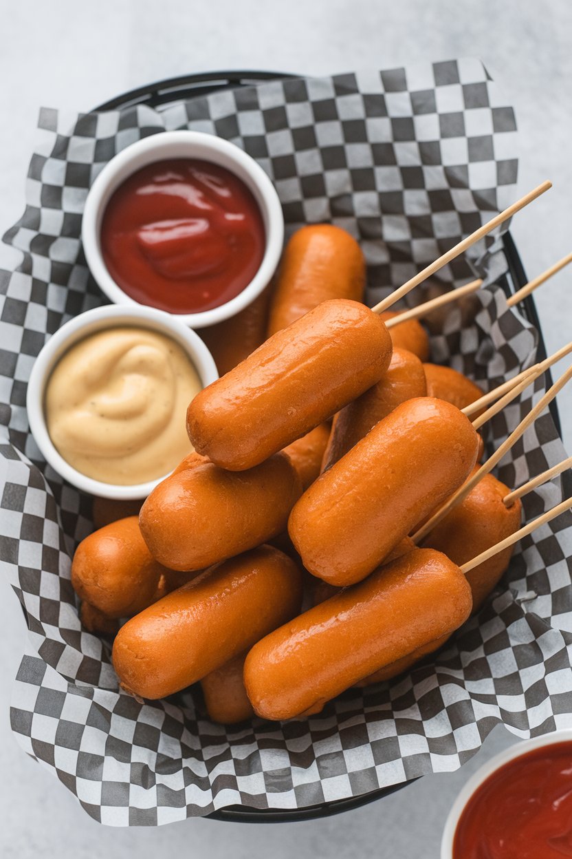 Indoor basket lined with checkered paper, filled with bite-size corn dogs on sticks, mustard and ketchup in small bowls. No text or logos.