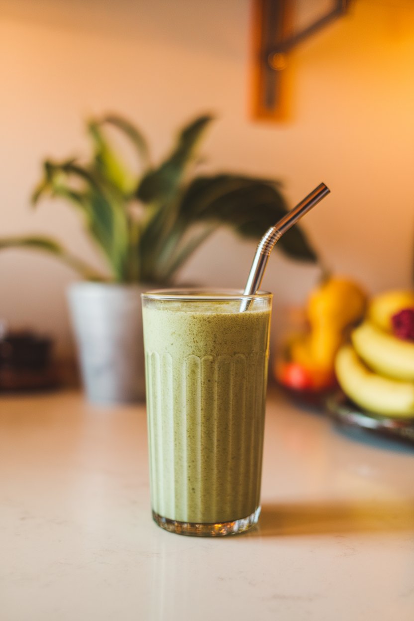 An indoor counter with a tall clear glass of vibrant green smoothie, light froth on top, metal straw inserted. No text or logos visible. Photo, not illustration.