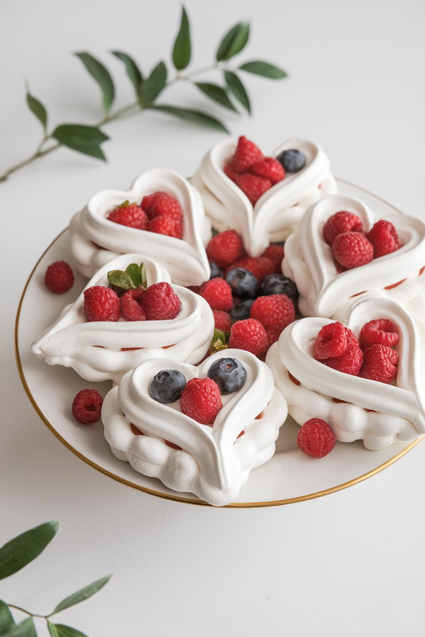 Crisp white meringue hearts filled with whipped cream and fresh berries, arranged on an indoor porcelain platter. No brand names visible.