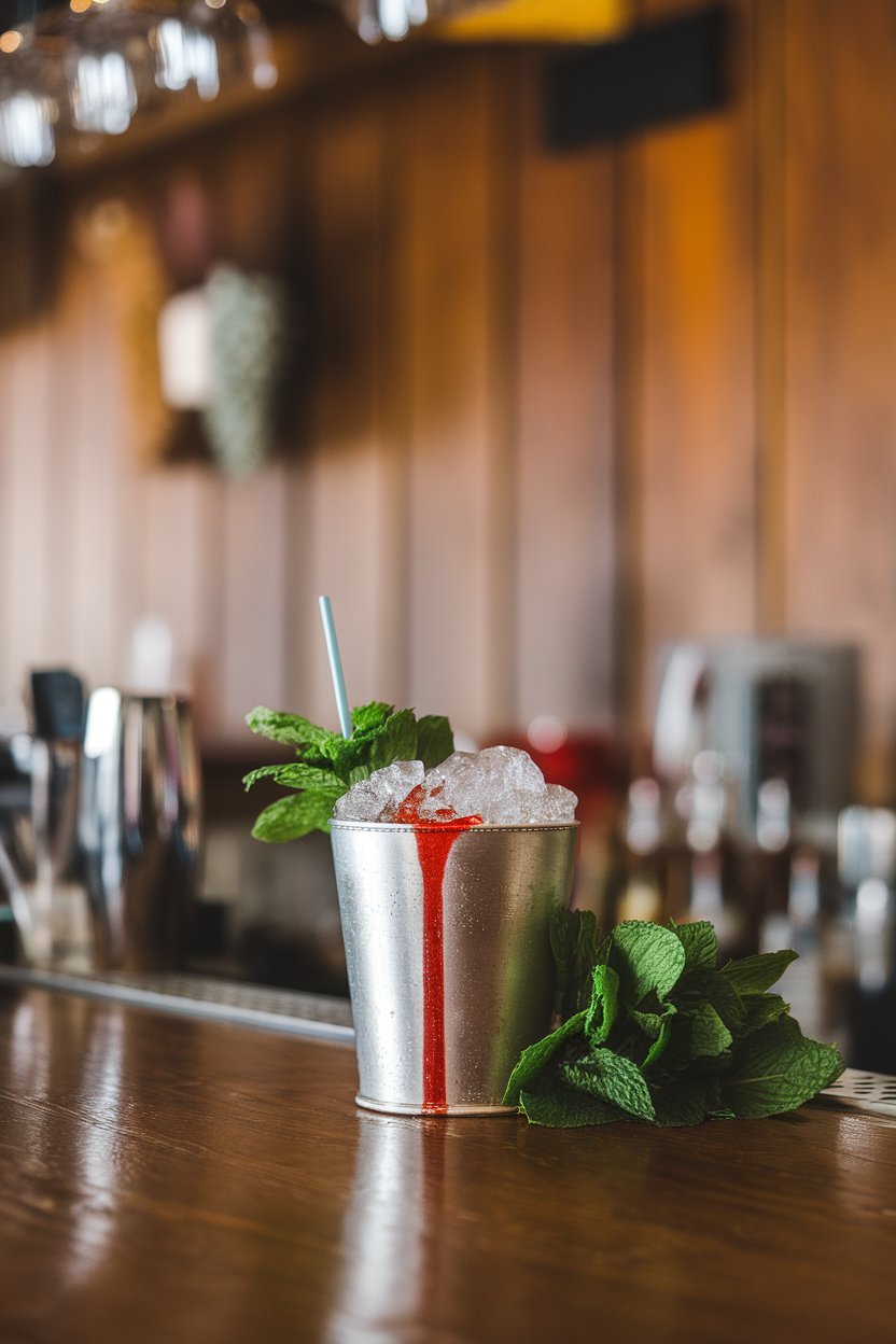 An indoor southern-style bar with silver julep cup, crushed ice mound, red streaks from strawberry syrup, mint bouquet; photo, not illustration; no text or logos.