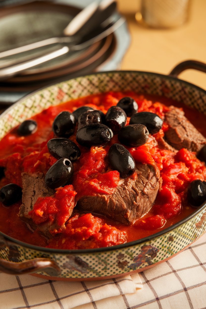 Indoor Italian-style platter with beef in red wine tomato sauce dotted with black olives. No text or logos.