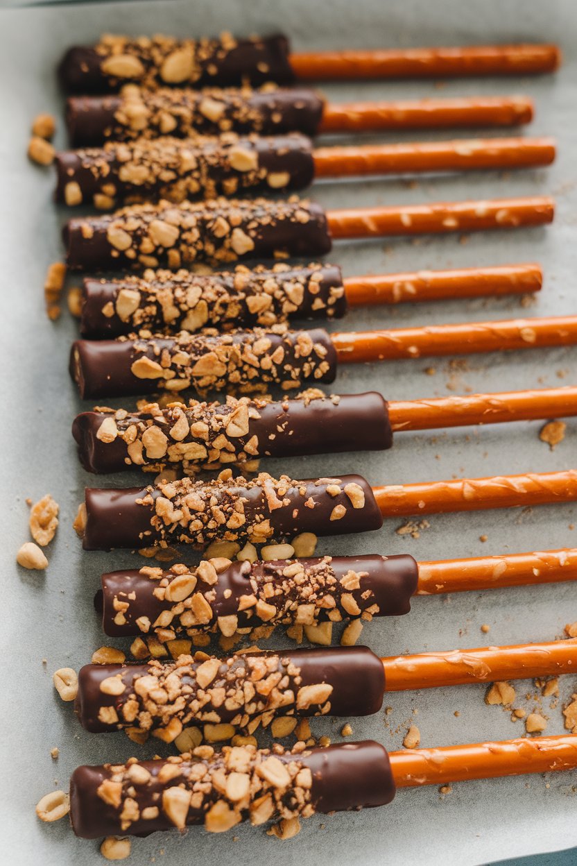Indoor photo of pretzel rods half-dipped in dark chocolate and sprinkled with crushed peanuts, lined up on parchment. No text or logos.