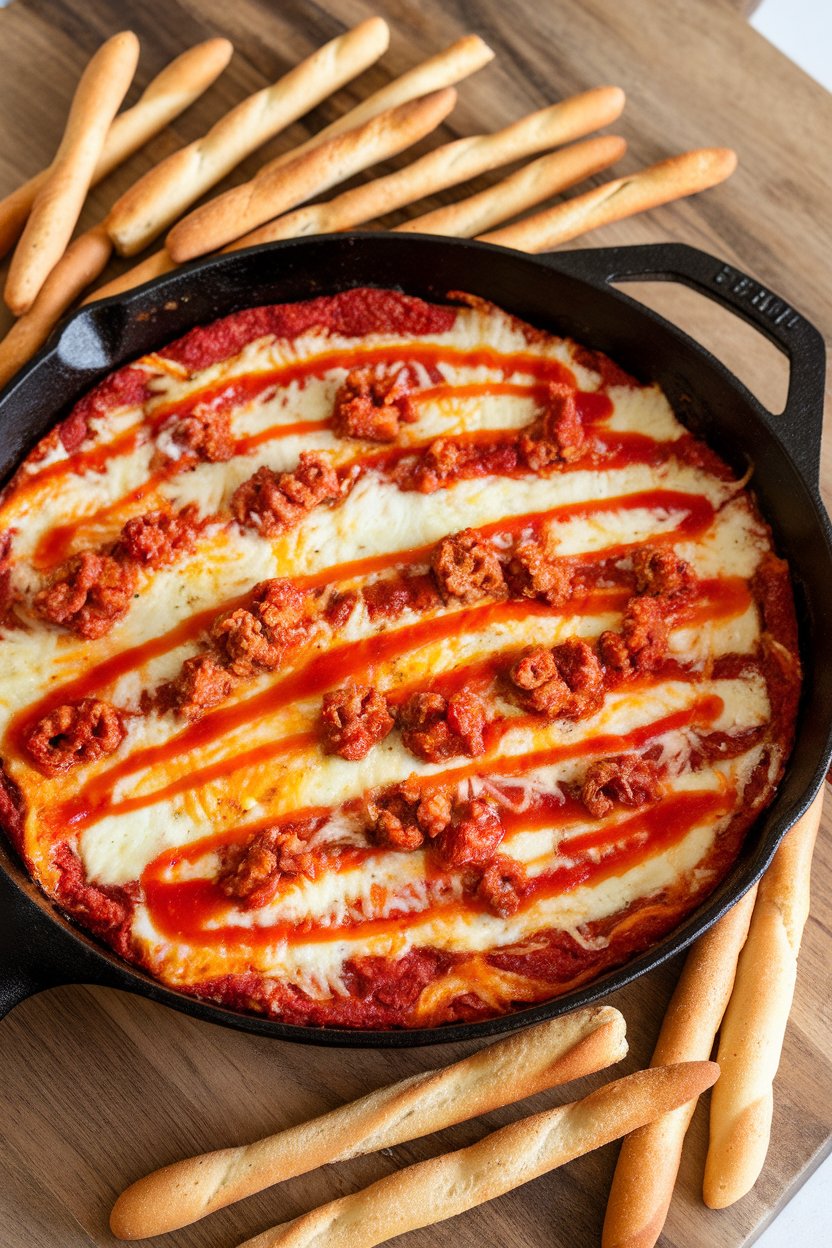 Indoor photo of a cast-iron skillet filled with gooey layered pizza dip topped with mini pepperoni, served with breadsticks; no text or logos