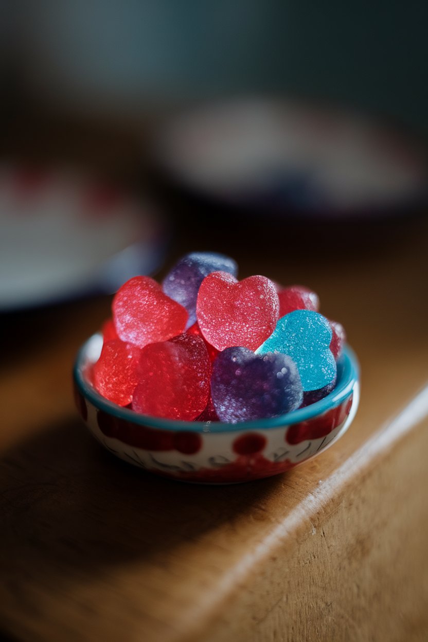 Jewel-toned gummy hearts glistening on a small ceramic dish, photographed indoors under soft directional lighting. No logos visible.