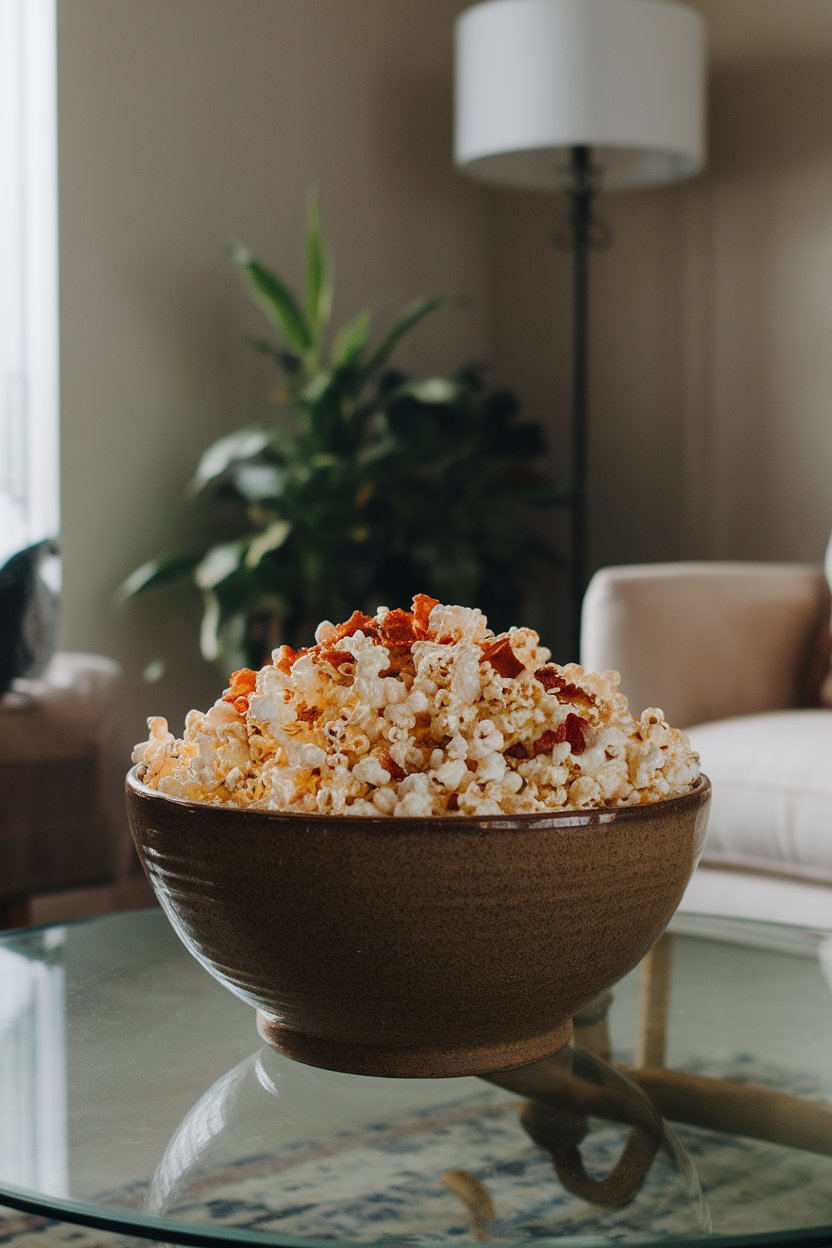 Photo prompt: A large ceramic bowl on an indoor coffee table filled with fluffy popcorn sprinkled with crisp coconut bacon bits. Soft lighting, no text or logos. Photo, not illustration.