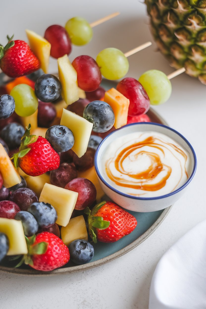 Indoor photo of colorful fruit skewers arranged on a platter, accompanied by a small bowl of honey-swirled Greek yogurt. No text or logos.
