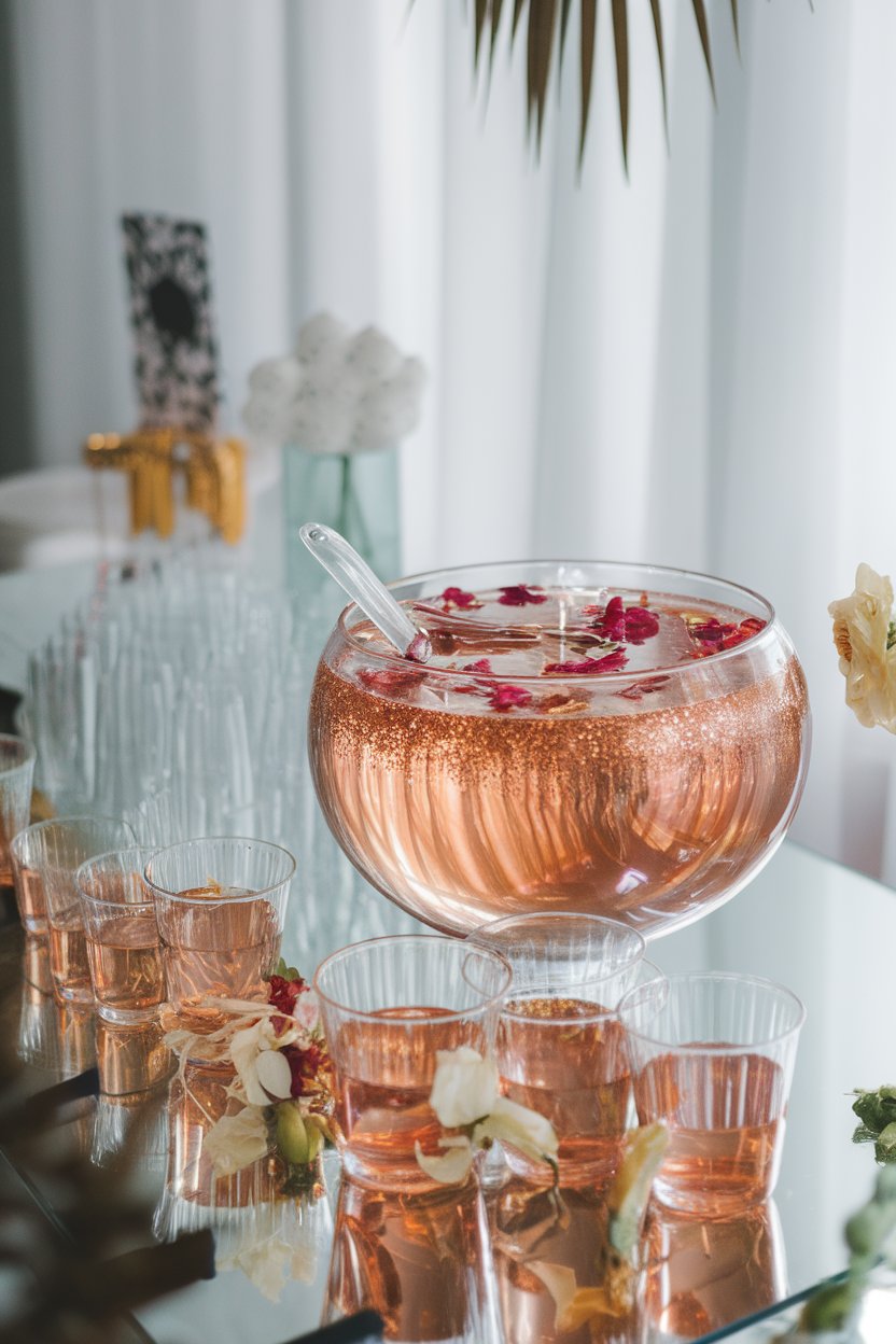 An indoor party table with punch bowl of shimmering rose-gold liquid, floating edible flowers, clear ladle; photo, not illustration; no text or logos.