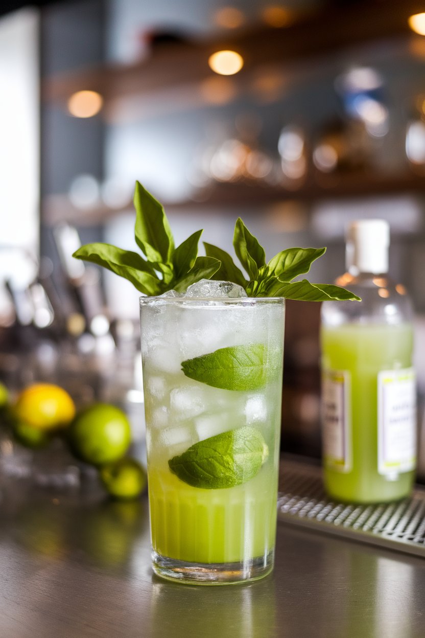 Indoor bar with a highball of bright green limeade, Thai basil leaves floating, crushed ice. No text or logos.