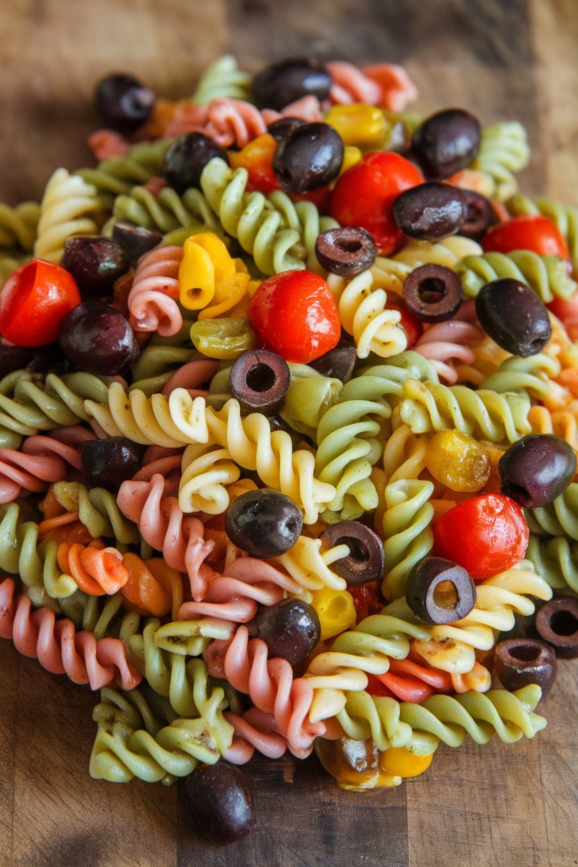 Indoor photo of colorful rotini pasta salad with olives, cherry tomatoes, and vinaigrette sheen; no text or logos.